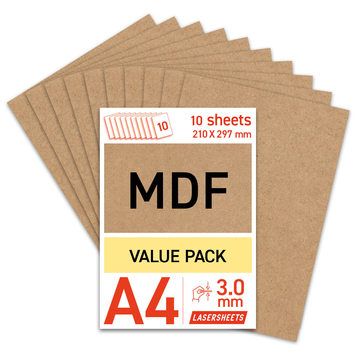 Lasersheets 10 x A4 3mm MDF | 210 x 297 mm | Value pack | For laser cutting, model building, hobby, CNC, pyrography