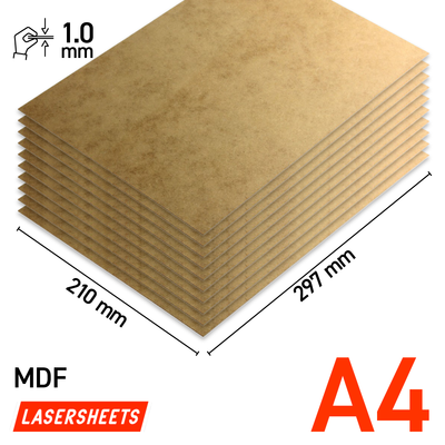Lasersheets 10 x A4 1mm MDF | 210 x 297 mm | Value pack | For laser cutting, model building, hobby, CNC, pyrography