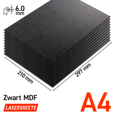 Lasersheets 10 x A4 6mm Black MDF | 210 x 297 mm | Value pack | For laser cutting, model building, hobby, CNC, pyrography