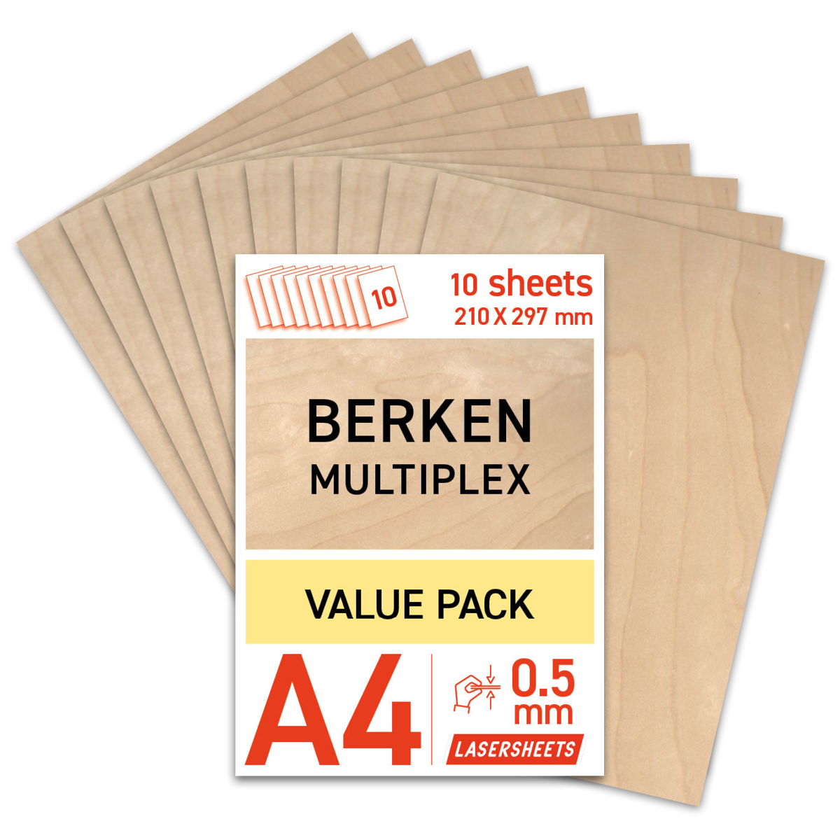 Lasersheets 10 x A4 Birch plywood 0.5mm sheets | 210x297mm | Value pack | For laser cutting, model making, hobby, CNC, pyrography