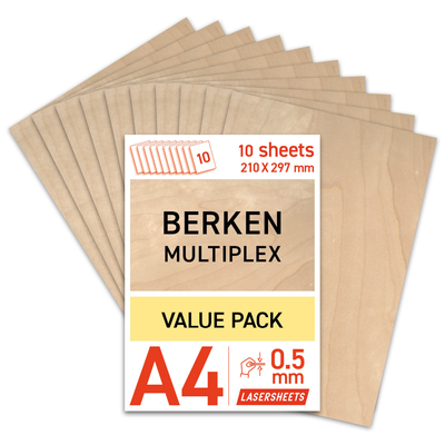 Lasersheets 10 x A4 Birch plywood 0.5mm sheets | 210x297mm | Value pack | For laser cutting, model making, hobby, CNC, pyrography