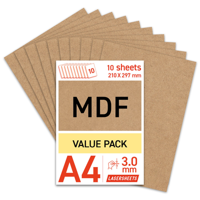 Lasersheets 10 x A4 3mm MDF | 210 x 297 mm | Value pack | For laser cutting, model building, hobby, CNC, pyrography 