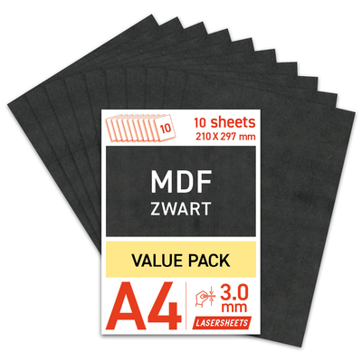 Lasersheets 10 x A4 3mm Black MDF | 210 x 297 mm | Value pack | For laser cutting, model building, hobby, CNC, pyrography 