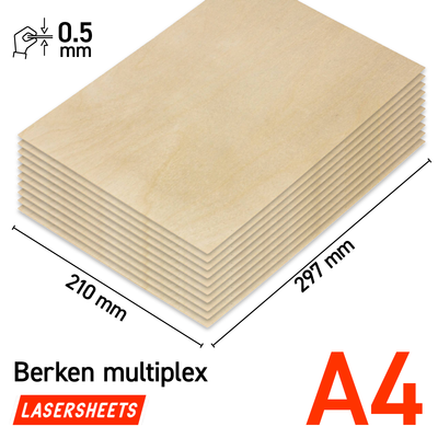 Lasersheets 10 x A4 Birch plywood 0.5mm sheets | 210x297mm | Value pack | For laser cutting, model making, hobby, CNC, pyrography