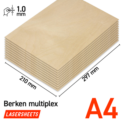 Lasersheets 10 x A4 1mm Birch plywood | 210x297mm | Value pack | For laser cutting, model making, hobby, CNC, pyrography