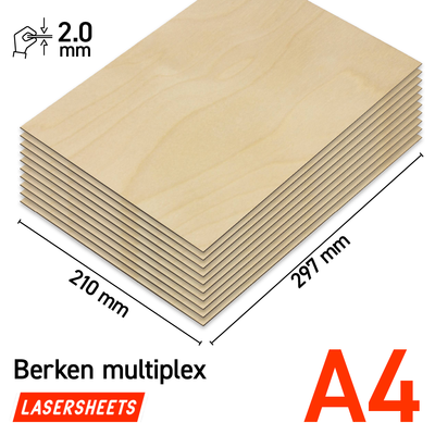 Lasersheets 10 x A4 Birch plywood 2mm sheets | 210x297mm | Value pack | For laser cutting, model making, hobby, CNC, pyrography