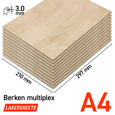 Lasersheets 10 x A4 Birch plywood 3mm sheets | 210x297mm | Value pack | For laser cutting, model making, hobby, CNC, pyrography