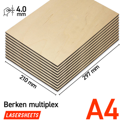 Lasersheets 10 x A4 Birch plywood 4mm sheets | 210x297mm | Value pack | For laser cutting, model making, hobby, CNC, pyrography