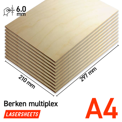 Lasersheets 10 x A4 Birch plywood 6mm sheets | 210x297mm | Value pack | For laser cutting, model making, hobby, CNC, pyrography