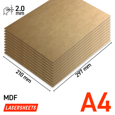 Lasersheets 10 x A4 2mm MDF | 210 x 297 mm | Value pack | For laser cutting, model building, hobby, CNC, pyrography 