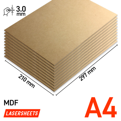 Lasersheets 10 x A4 3mm MDF | 210 x 297 mm | Value pack | For laser cutting, model building, hobby, CNC, pyrography 